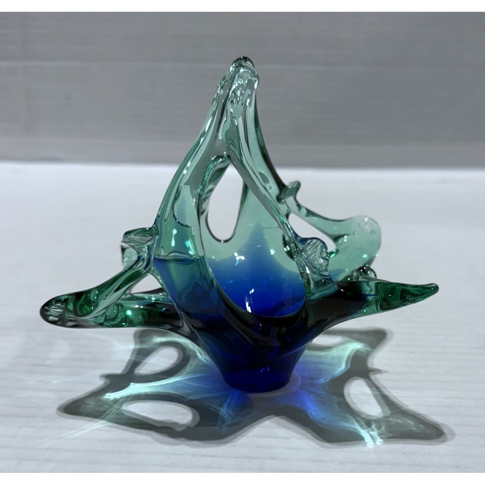 Vintage Murano Style MCM Blue Green Art Glass Basket - Size 4.5 x 4.5 x 4
